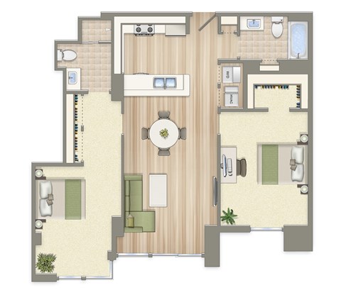 Floor plan for 2 beds, 2 baths, 1029 sqft
